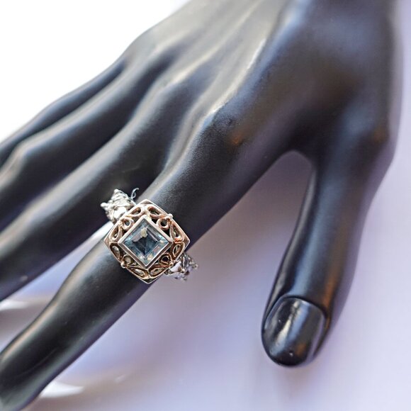 Antique Jewelry - Antique Art Deco Vintage Gold Gilt Sterling  Blue Topaz Square Stone Ring Size 6
